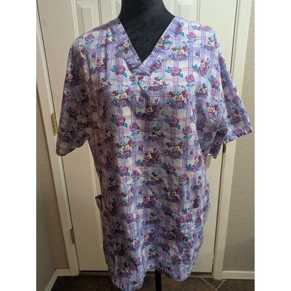 Disney Other - Disney Mickey Minnie Mouse Floral Plaid Scrub Top Purple V-Neck Large DW1470